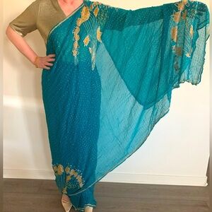Indian/Pakistani ready-to-wear fancy crinkle chiffon sequinned saree in teal